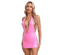 Moggemol Women Robe en Cuir Verni Courte Sexy Wetlook Mini Robe Bodycon Sexy Décolleté Profond en V Cuir Effet Latex De Soirée Dos Nu Tenue De Club Gogo Rose S