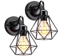 MOGOD 2pcs Applique Mural Intérieur Industriel Vintage en Métal à Tube Courbé Noir - Luminaire E27 Cage Forme de Diamant Ø15.5cm