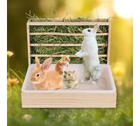 MOGOULUA Râtelier à foin 2 en 1 - Distributeur de nourriture en bois pour lapins - Avec bac à litière pour chat - Pour hamster - Distributeur automatique de foin pour petits animaux de compagnie