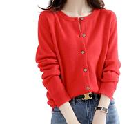 MOGSA Cardigan chandails pour femmes, cardigans à col rond, printemps et automne, tricotés en cachemire à simple boutonnage pour femmes, rouge, XXL (67-75) kg