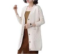 MOGSA Cardigan chandails printemps automne pull femme mi-long âge moyen et personnes âgées lâche grande taille gros extérieur cardigan tricoté en gros blanc, XL