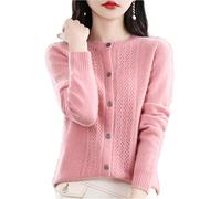 MOGSA Cardigan chandails printemps et automne, cardigan en laine ajourée pour femmes, haut à col rond en cachemire, pull tricoté sans couture, chemise extérieure-rose, S