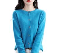 MOGSA Cardigan chandails printemps et automne, cardigan en laine ajourée pour femmes, haut à col rond en cachemire, pull tricoté sans couture, chemise extérieure-bleu mer, S