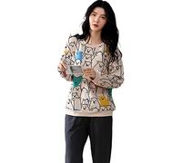 MOGSA Pyjama pour femme Printemps Automne Tricoté Coton Élégant Femmes Floral Ensemble Vêtements de Nuit Ensemble Plaid Pantalon Pyjama Femme Home-W15, L Asiatique (50-60 kg)