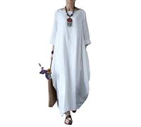 MOGSA Robe longue de printemps ample à col rond et manches mi-longues en coton et lin - Blanc, L