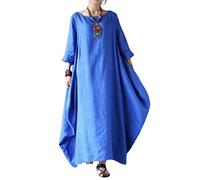 MOGSA Robe longue de printemps ample à col rond et manches mi-longues en coton et lin - Bleu, M