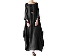 MOGSA Robe longue de printemps ample à col rond et manches mi-longues en coton et lin - Noir, XXL