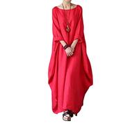 MOGSA Robe longue de printemps ample à col rond et manches mi-longues en coton et lin - Rouge, M