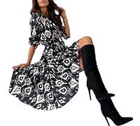 MOGSA Robe longue pour femme avec boutons et col en V et manches longues - Robe de fête de printemps élégante pour femme - Noir et blanc, S