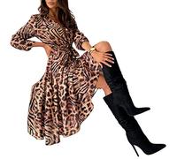 MOGSA Robe longue pour femme avec boutons et col en V et manches longues - Robe de fête de printemps élégante pour femme - Zèbre jaune, M