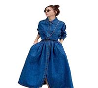 MOGSA Robe maxi de printemps longue en jean pour femmes, automne à manches longues, col rabattable, robe mince pour dames, robe simple boutonnage vêtements décontractés-bleu, XXL, bleu