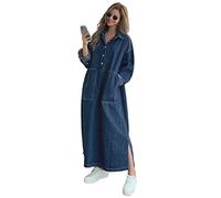 MOGSA Robe Maxi Femme Automne Manches Longues Chemise en Denim Robe en Jean avec Poches Boutons Robes Maxi en Jean Décontractées - Bleu Foncé, Taille Unique