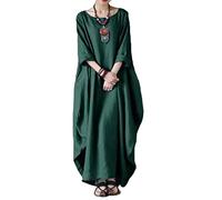 MOGSA Robe maxi printemps ample col rond manches mi-longues grande swing coton lin robe longue - Vert foncé, XXL