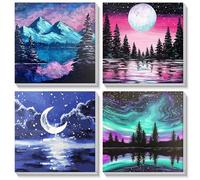 MOGTAA Lot de 4 kits de peinture paysage avec chiffres avec cadre, pour adultes et enfants, kit de bricolage acrylique à l'huile pour décoration de la maison, 20 x 20 cm