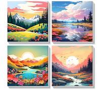 MOGTAA Lot de 4 peintures à l'huile par numéros avec cadres, montagnes et rivières - Pour adultes et enfants - Peinture acrylique par numéros - Pour décoration de la maison - 20 x 20 cm