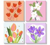 MOGTAA Lot de 4 peintures à l'huile sur toile encadrées par numéros pour adultes et enfants de 8 à 12 ans - Motif fleurs - Peinture à l'huile pour décoration d'intérieur (20,3 x 20,3 cm)