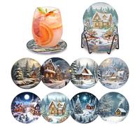 MOGTAA Peinture Diamant Dessous de Verre, 8PCS Kit Diamond Painting Noël, DIY Paysage sous-Verres Art de Diamant avec Support, Kits de Peinture Diamant pour Adulte Enfants