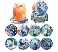 MOGTAA Peinture Diamant Dessous de Verre, 8PCS Kit Diamond Painting Paon, DIY Animaux sous-Verres Art de Diamant avec Support, Kits de Peinture Diamant pour Adulte Enfants