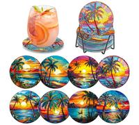 MOGTAA Peinture Diamant Dessous de Verre, 8PCS Kit Diamond Painting Paysage, DIY Coucher De Soleil sous-Verres Art de Diamant avec Support, Kits de Peinture Diamant pour Adulte Enfants