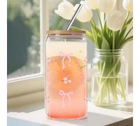 MoguGo Verre avec couvercle et paille de 16 oz - Verre à boire avec design nœud et fleurs - Tasse en verre réutilisable pour café, thé, smoothie - Cadeau mignon pour femmes et filles