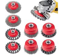 Moiggonoy Lot de 8 brosses métalliques pour meuleuse d'angle de 10,2 cm, 4 brosses de roue de 10,2 cm, 4 brosses coupelles de 7,6 cm, arbre fileté 5/8 -11, roue métallique pour meuleuse d'angle pour
