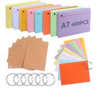 moinkerin Cartes 400 pièces 10,5 × 7,4 cm multicolores avec 6 anneaux et 8 cartes kraft - cartes lignées pour bureau, maison et école