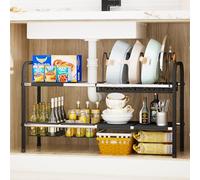 Mointal Étagère pour Placard sous Évier, Largeur Extensible (48-88 cm), Organisateur Modulaire, Hauteur Réglable 6 Niveaux, avec Porte-Couvercle & 2 Paniers, Noir