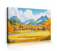 Moisson d’automne Champ de blé Fresque Peinture murale Tableau mural Conte de fées Village de la montagne de neige Affiches murales pour décor de salon Images murales Cadre intérieur 65x98cm