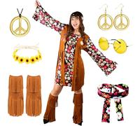 Moiuguli Déguisement Hippie Femme Ensemble, Costume de Carnaval pour Femme Hippie Robe, 60 et 70 tenue de Disco avec Lunettes, Serre-tête, Collier, Boucles d'oreilles, Socquettes, Foulards