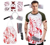 Moiuguli Deguisement Horreur Boucher Halloween, Tablier Sanglants Couteau Halloween Sang Couteau Déguisement Homme Horreur Tueur Set Pour Adulte et Adolescent Hommes Carnaval Cosplay Fête