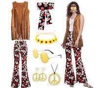 Moiuguli Hippie Kostüm Damen Set, 60er 70er Jahre Faschingskostüm Hippie Kleidung Damen mit Fransenweste Schlaghose Hippie Accessoires, Hippie Kostüm für Karneval Party