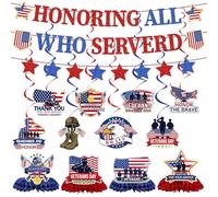 MOIZYNG Lot de 15 décorations de fête des anciens combattants, rouge et bleu honorant tous ceux qui ont servi, bannière de remerciement pour votre service, tourbillons suspendus et centres de table en