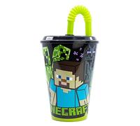 Mojang Gobelet en plastique Minecraft pour enfants 430 ml, sans BPA, réutilisable et lavable, avec paille et couvercle