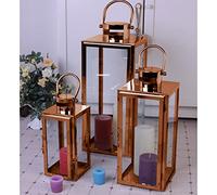 Mojawo® Lot de 3 lanternes de jardin de luxe XXL en acier inoxydable - Photophore en verre - Or rose - 30/40/53 cm - Cuivre