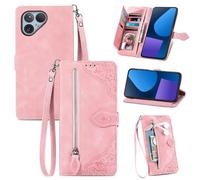 MOJIA Coque Porte Monnaie pour Fairphone 5, Etui Portefeuille en Cuir PU avec Cover en TPU, Etui Multifonctionnel Porte-Cartes avec Dragonne. Rose