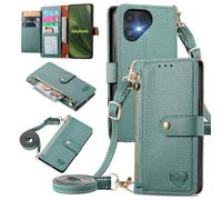 MOJIA Coque Porte Monnaie pour Fairphone 6, Etui Anti-Chute Portefeuille en Cuir, Multifonctionnel Porte-Cartes avec Bandoulière Réglable. Vert