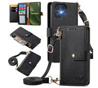 MOJIA Coque Porte Monnaie pour Fairphone 6, Etui Anti-Chute Portefeuille en Cuir, Multifonctionnel Porte-Cartes avec Bandoulière Réglable. Noir