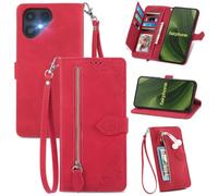 MOJIA Coque Porte Monnaie pour Fairphone 6, Etui Portefeuille en Cuir PU avec Cover en TPU, Etui Multifonctionnel Porte-Cartes avec Dragonne. Rouge