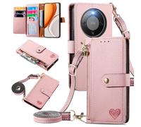 MOJIA Coque Porte Monnaie pour Honor Magic8 Lite/Magic 8 Lite / X9d, Etui Anti-Chute Portefeuille en Cuir, Multifonctionnel Porte-Cartes avec Bandoulière Réglable. Rose