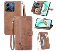 MOJIA Coque Porte Monnaie pour Honor X6b 4G, Etui Portefeuille en Cuir PU avec Cover en TPU, Etui Multifonctionnel Porte-Cartes avec Dragonne. Marron