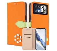 MOJIA Coque Portefeuille pour Cubot P90, Étui en Cuir PU Flip avec Fleur & Fermoir Magnétique Feuille, Housse Folio Antichoc avec Support.-Orange