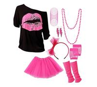 mojingder Deguisement Annee 80s Accessoire,Tenue de Soirée Disco Néon des Années 90s,T-shirt,Tutu,Bracelet,Sac Banane,Tenu Année Thème Carnaval Femme,Tenue Chic Detail Choc,Fête de Rentrée Scolaire