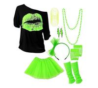 mojingder Deguisement Annee 80s Accessoire,Tenue de Soirée Disco Néon des Années 90s,T-shirt,Tutu,Bracelet,Sac Banane,Lunette,Colliers,Tenu Thème Carnaval Femme,Tenue Fluo Femme,Création Mode
