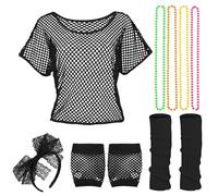 mojingder Déguisement pour femme,années 80,t-shirt imprimé lèvres,jupe tutu,jambières,collier,gants en résille,boucles d'oreilles,accessoires fluo fête,Deguisement Femme Adulte,Doux Confortable