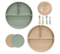 MOJINL Assiettes Silicone pour Bébé avec Couvercle, Assiette Silicone compartimentée pour enfant avec Ventouse, Résistant au lave-vaisselle, Sans BPA (4 Ustensiles + 2 Assiettes)