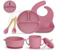 Mojinl Ensemble de vaisselle en silicone antidérapant pour enfants avec ventouses, 7 couverts sans BPA avec cuillère, fourchette, bavoir pour bébé, tasse d'apprentissage et assiette avec couvercle