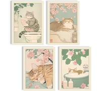 mojoliving Ensemble de posters de chats 4 pièces, décoration murale, style japonais A4, impressions artistiques avec fleurs, chats endormis, décoration murale pour salon, chambre à coucher, salle de