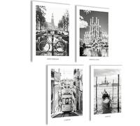 mojoliving Images en noir et blanc Lisbonne, Venise, Amsterdam, Barcelone Ensemble d'affiches - 4 impressions d'art A4 sans cadre - Art mural pour salon, chambre, cuisine, salle de bain