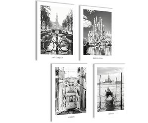 mojoliving Images en noir et blanc Lisbonne, Venise, Amsterdam, Barcelone Ensemble d'affiches - 4 impressions d'art A4 sans cadre - Art mural pour salon, chambre, cuisine, salle de bain
