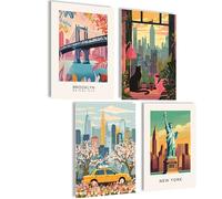 Mojoliving Tableau d'images Noir et blanc, tableau mural New York, taxi de New York, images de l'horizon de New York, lot de 4 posters A4 (21 x 30 cm)